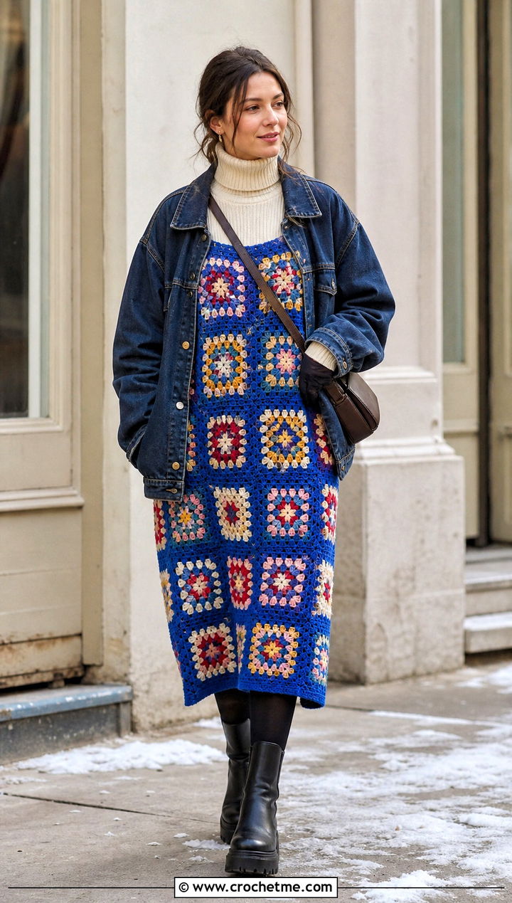 Granny Square Crochet Dress With Denim Jacket - 30 crochet dress for winter outfit ideas