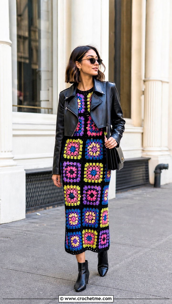 Granny Square Crochet Dress With Leather Jacket - 30 crochet for dresses outfit ideas