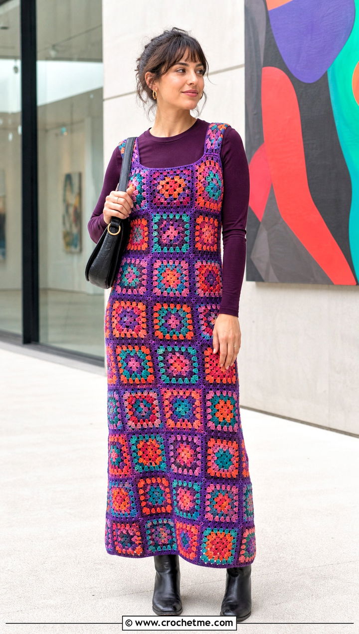 Granny Square Crochet Dress With Long Sleeve Base Layer - 30 modest crochet dress outfit ideas