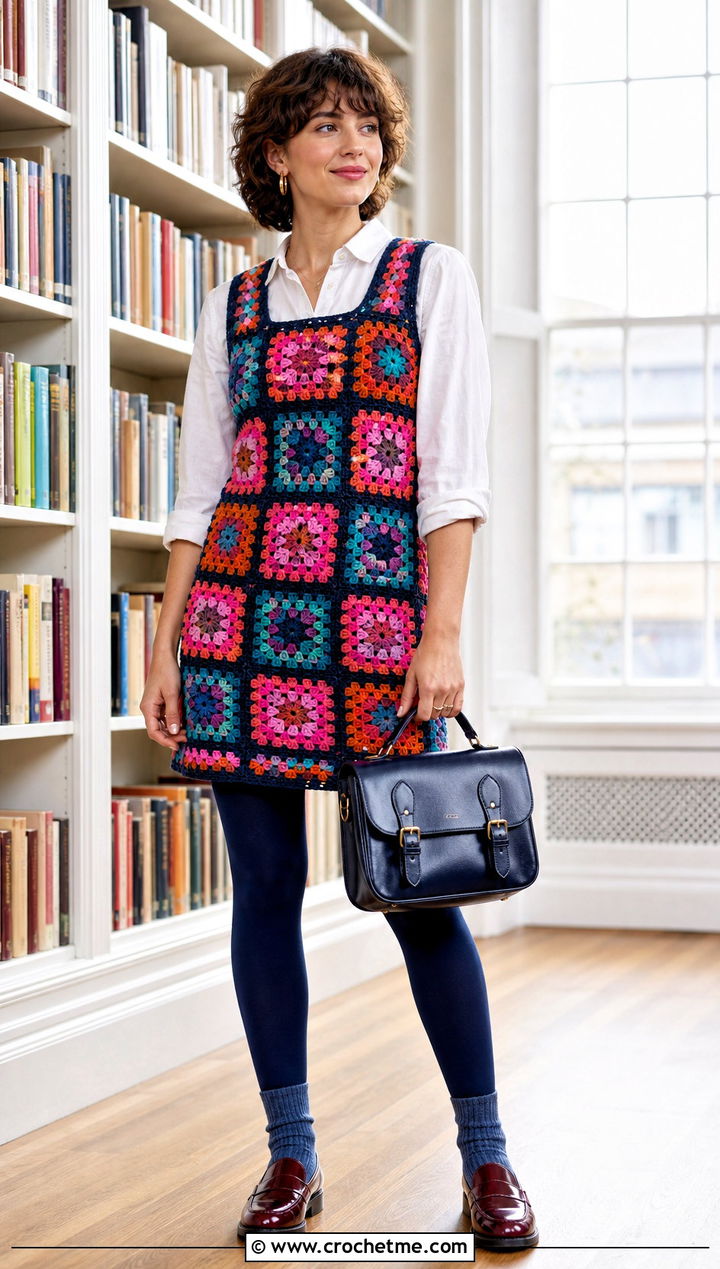 Granny Square Crochet Dress With White Shirt And Loafers - 25 crochet a dress for women outfit ideas