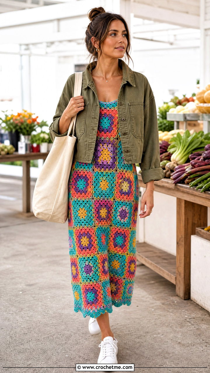 Granny Square Crochet Dress With White Sneakers - 35 simple crochet dress women outfit ideas