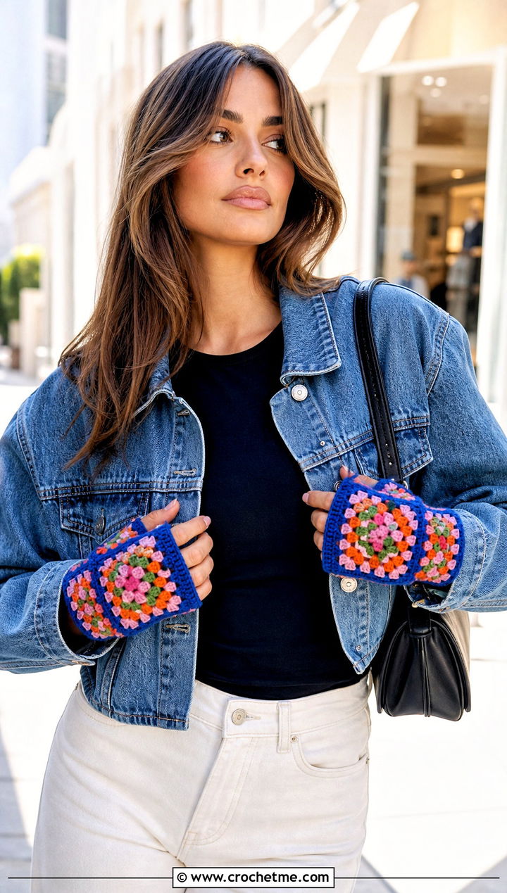 Granny Square Crochet Driving Gloves With Denim Jacket - 25 Crochet Driving Gloves outfit ideas