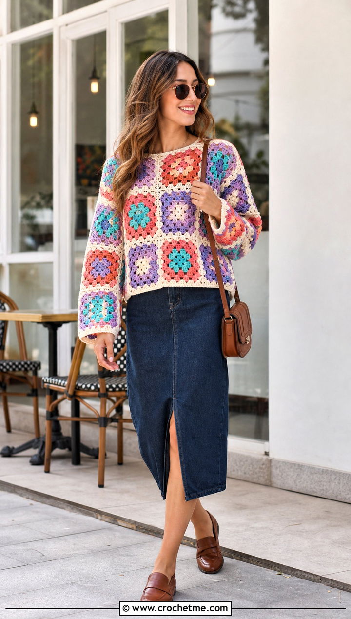 Granny Square Crochet Drop Shoulder Sweater With Denim Midi Skirt - 30 crochet drop shoulder sweater outfit ideas