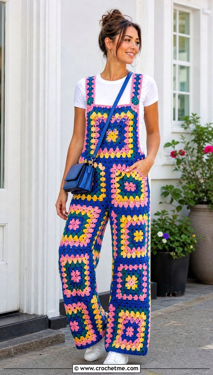 Granny Square Crochet Dungarees With White T Shirt - 30 crochet dungarees outfit ideas