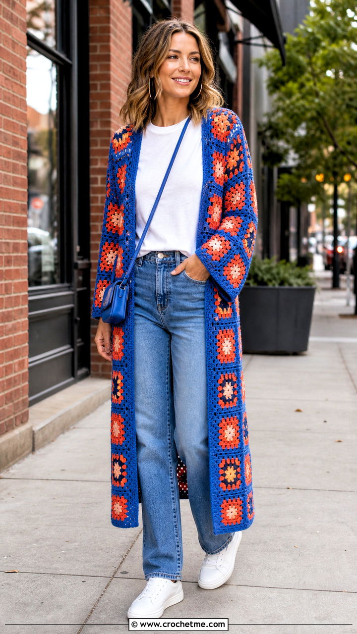 Granny Square Crochet Duster Cardigan With Jeans - 35 crochet duster cardigan outfit ideas