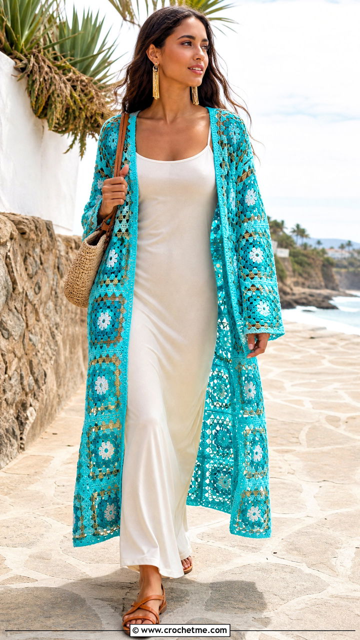 Granny Square Crochet Duster Cardigan With Maxi Dress - 35 granny square crochet cardigan outfit ideas