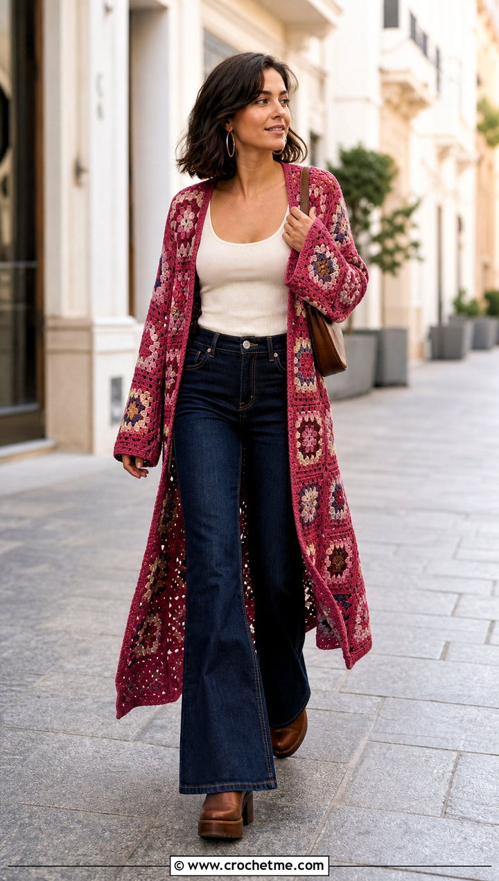 Granny Square Crochet Duster Coat With Flared Jeans - 25 Granny Square Crochet Coat outfit ideas