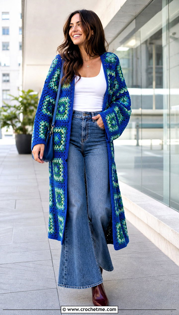 Granny Square Crochet Duster Coat With Wide Leg Jeans - 15 stylish crochet coat design outfit ideas