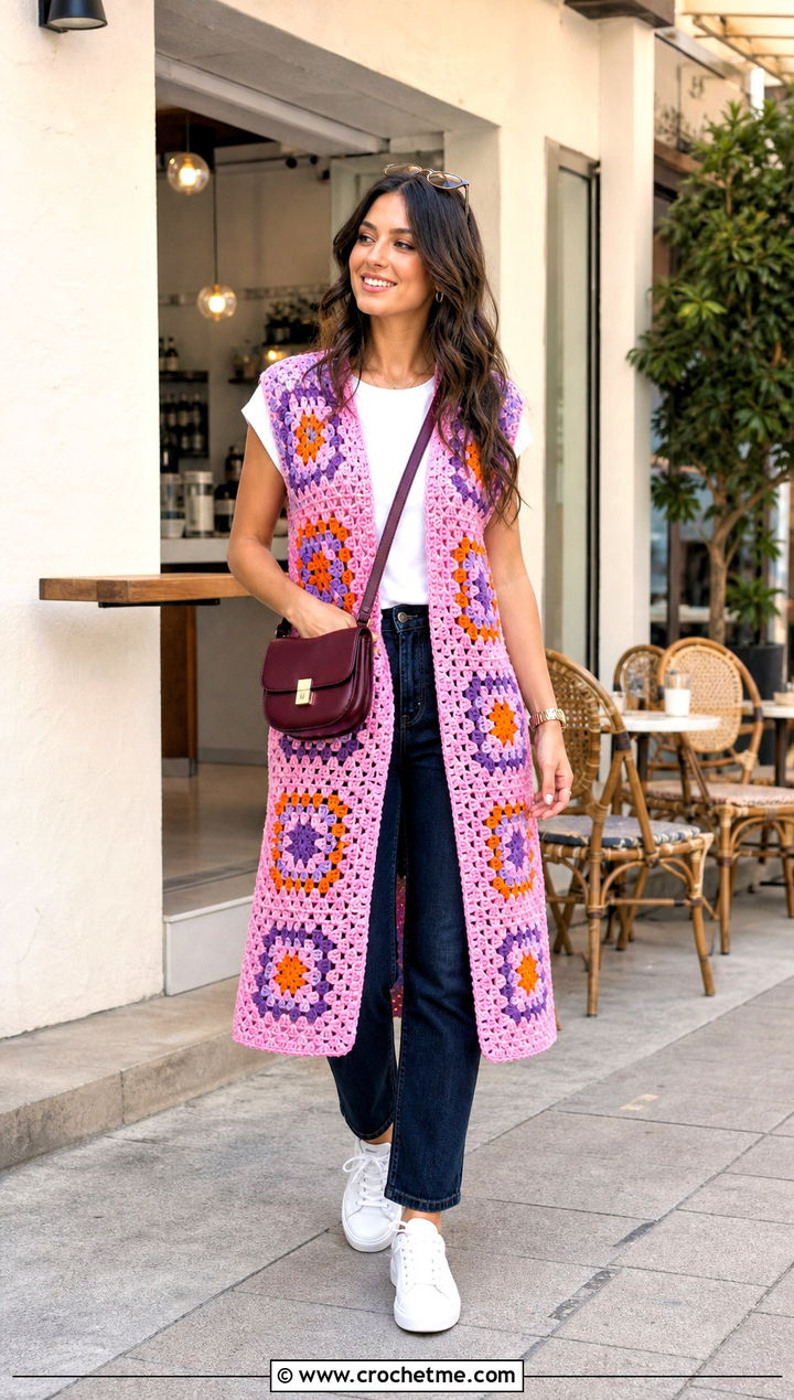 Granny Square Crochet Duster Vest With Straight Jeans - 20 crochet duster vest outfit ideas