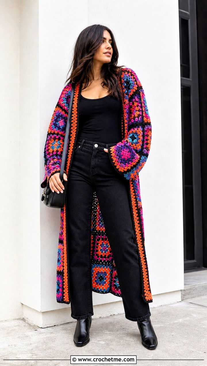 Granny Square Crochet Duster With Black Denim - 25 long crochet sweater outfit ideas