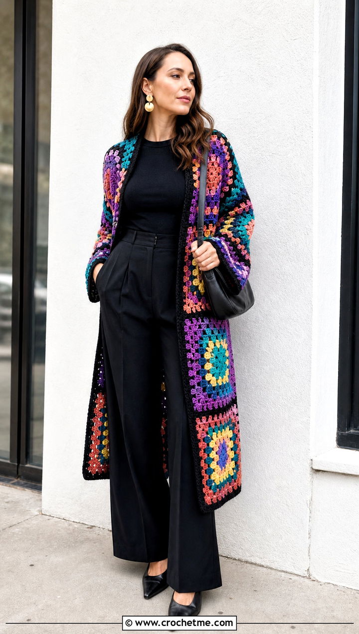 Granny Square Crochet Duster With Black Trousers - 25 Easy Crochet Duster outfit ideas