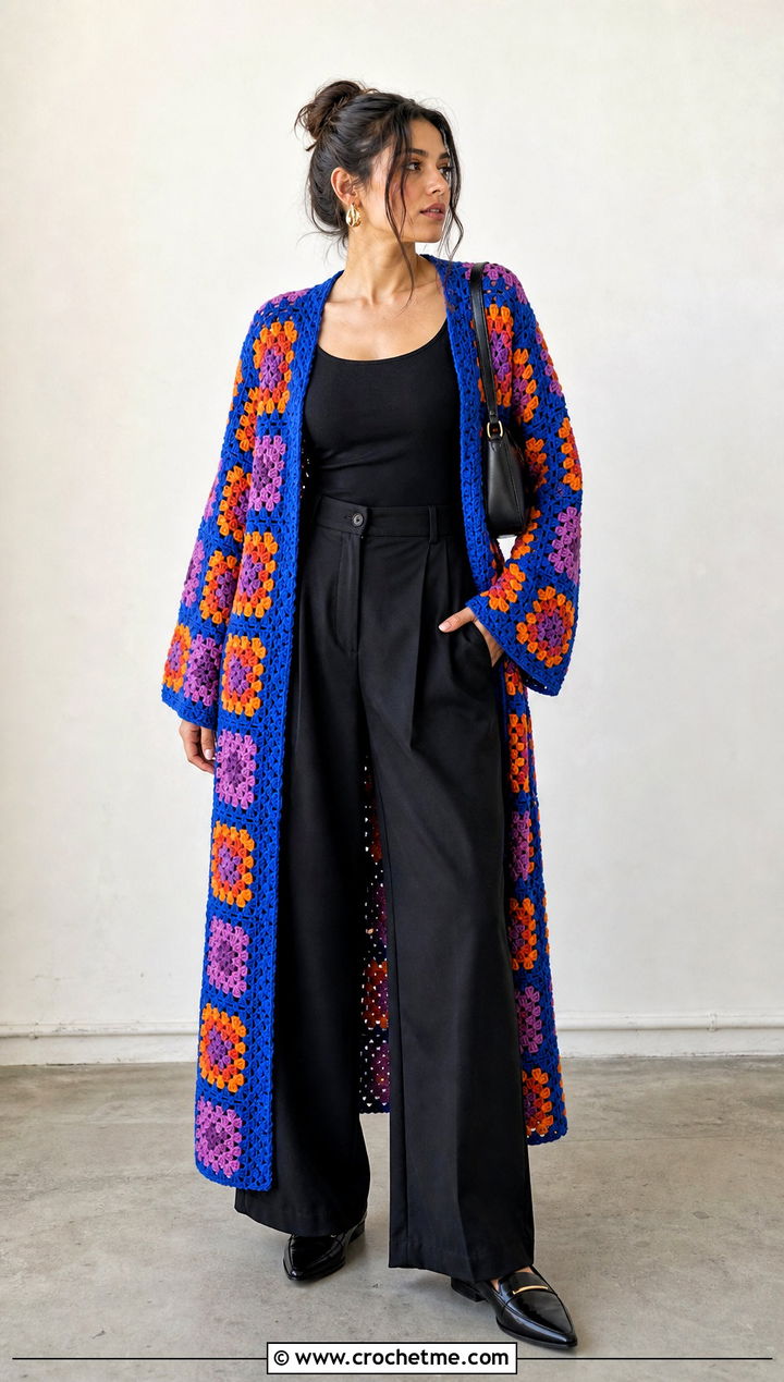 Granny Square Crochet Duster With Black Trousers - 35 crochet long jacket outfit ideas