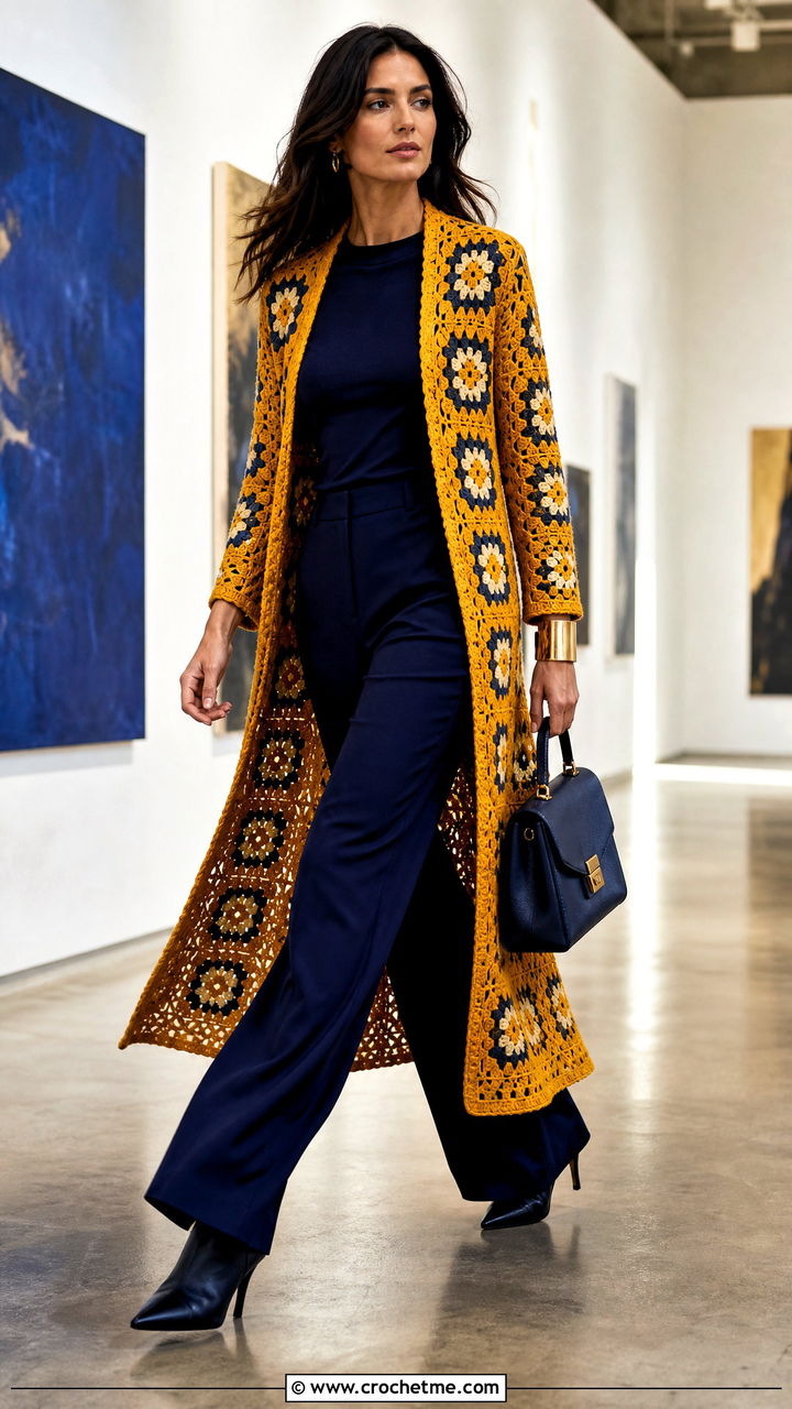 Granny Square Crochet Duster With Monochrome Separates - 35 granny square crochet clothes and outfit ideas