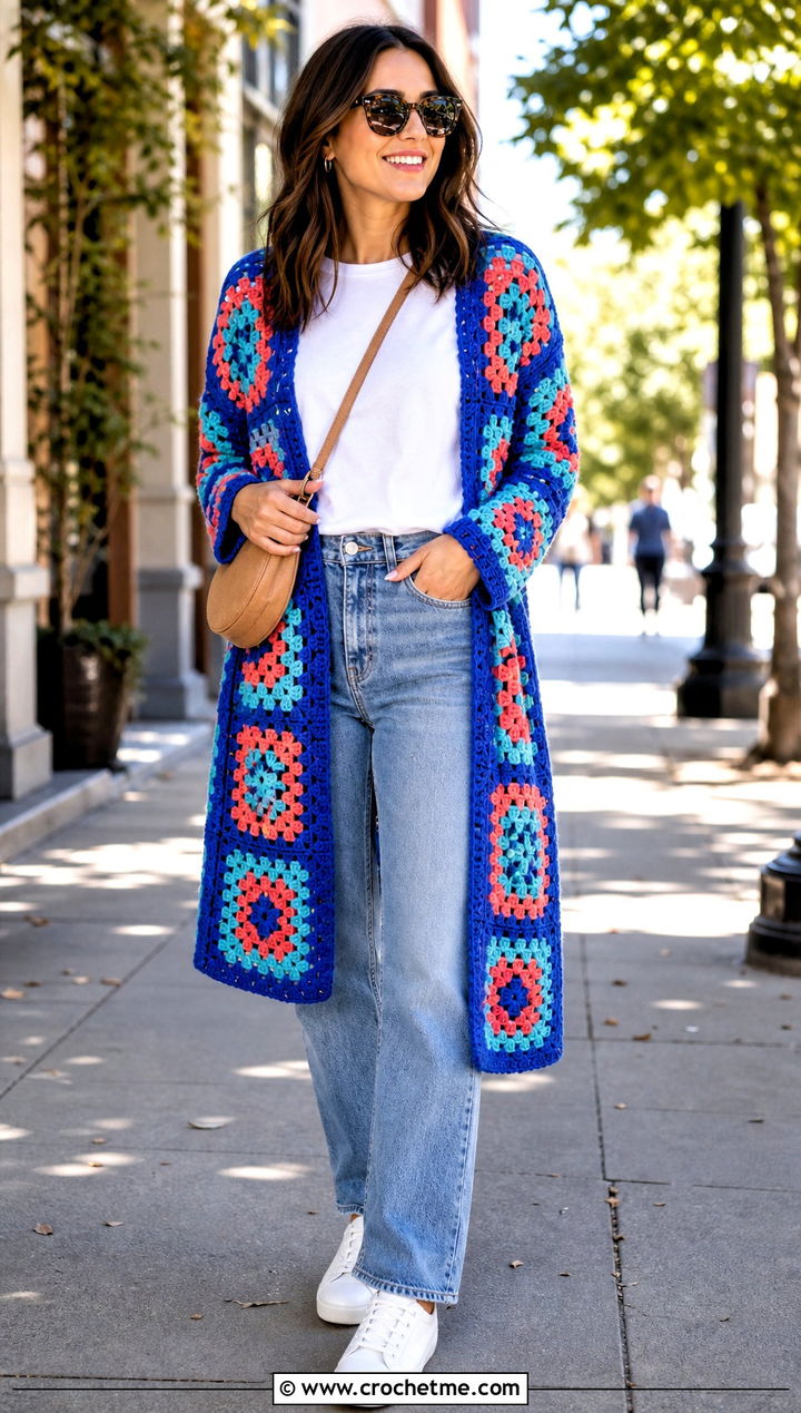 Granny Square Crochet Duster With Straight Leg Jeans - 35 crochet long coat outfit ideas