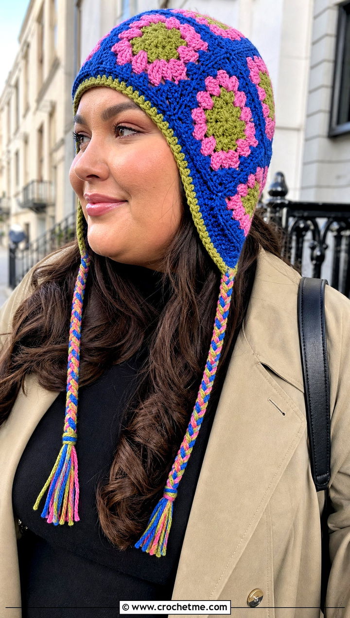 Granny Square Crochet Ear Flap Hat With Trench Coat - 30 crochet adult ear flap hat outfit ideas