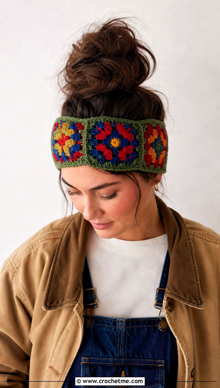 Granny Square Crochet Ear Headband With Overalls And Work Jacket - 30 crochet ear headband outfit ideas