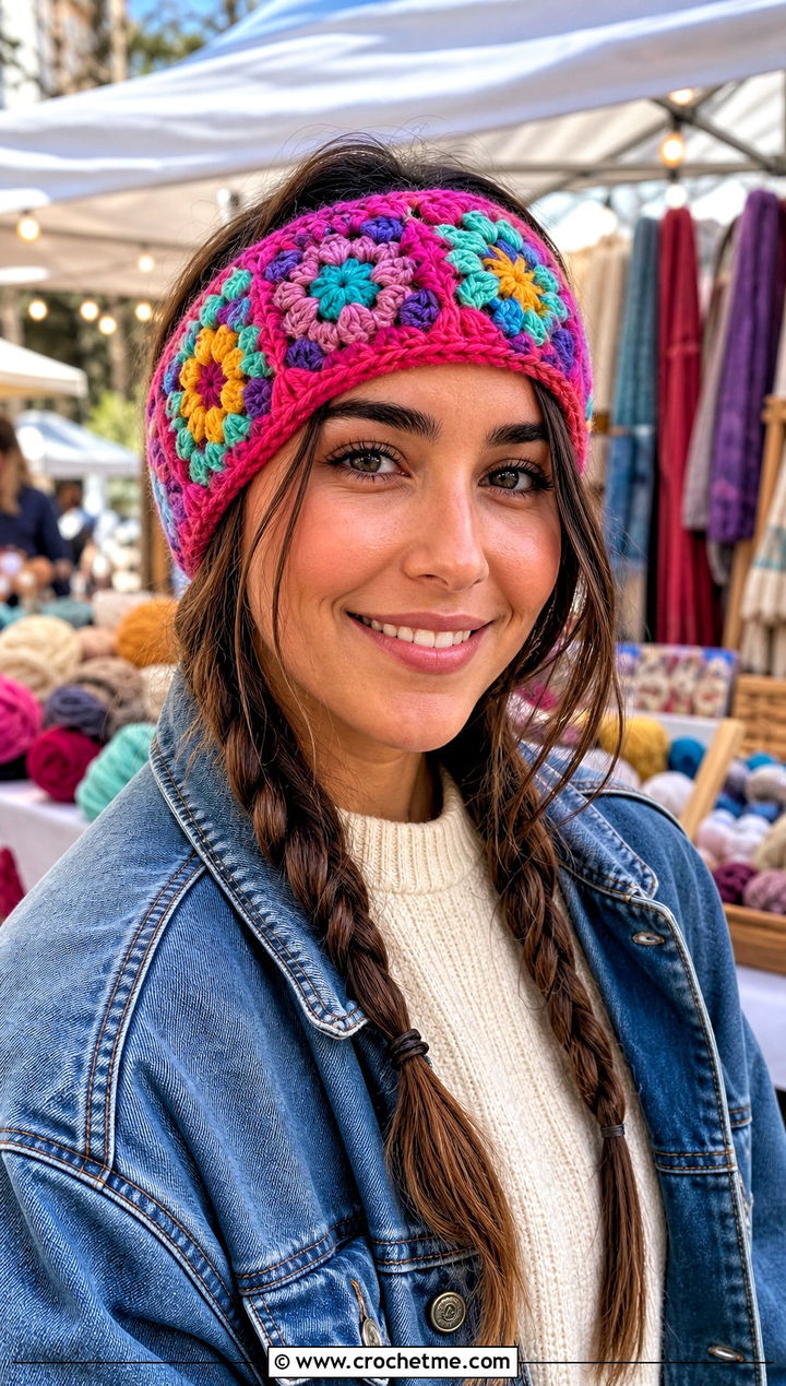 Granny Square Crochet Ear Warmer With Denim Jacket And Corduroy Pants - 15 Easy Crochet Headband Ear Warmers outfit ideas