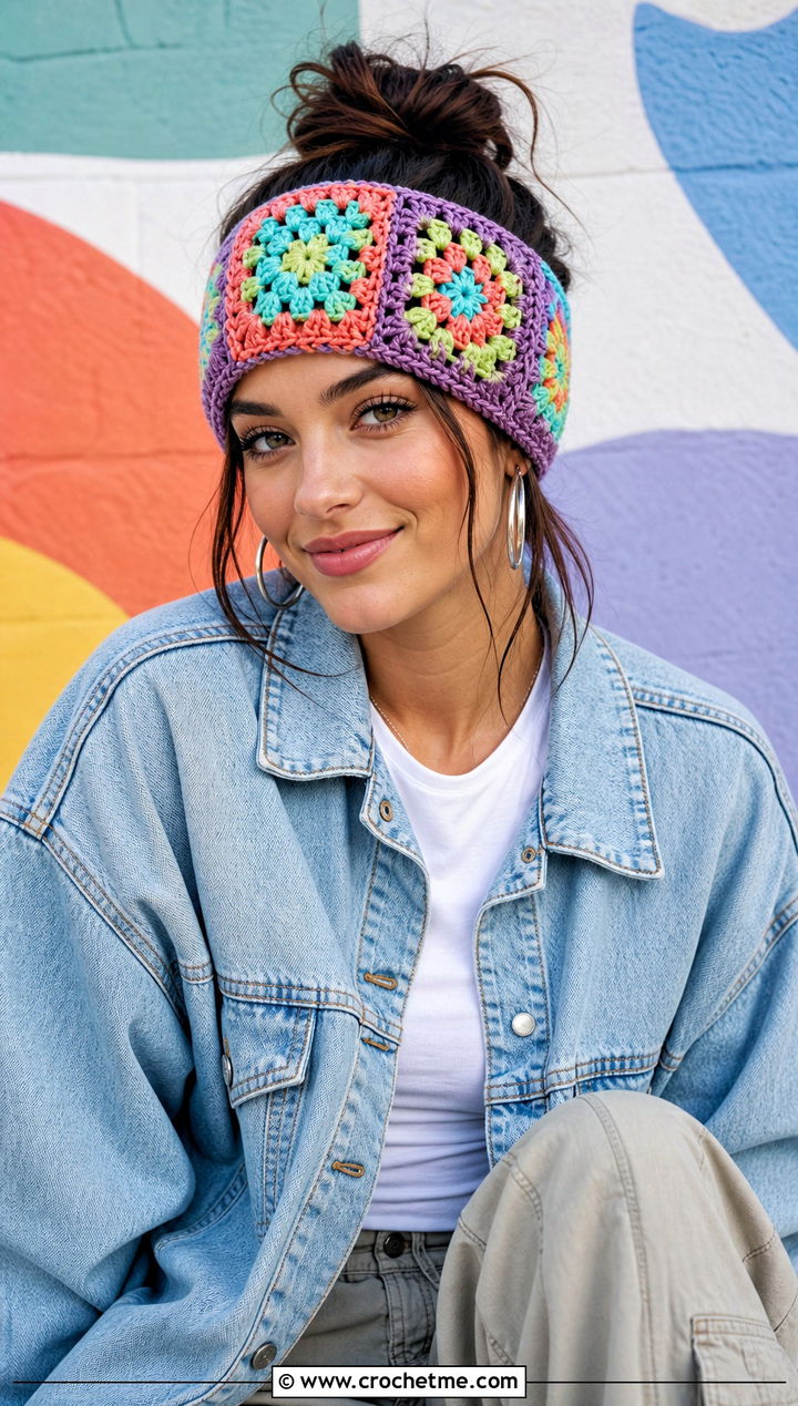 Granny Square Crochet Ear Warmer With Denim Jacket - 30 crochet ear warmer headband outfit ideas