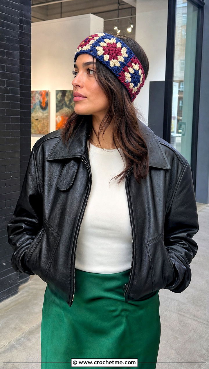Granny Square Crochet Ear Warmer With Leather Jacket and Midi Skirt - 25 Simple Crochet Ear Warmer outfit ideas