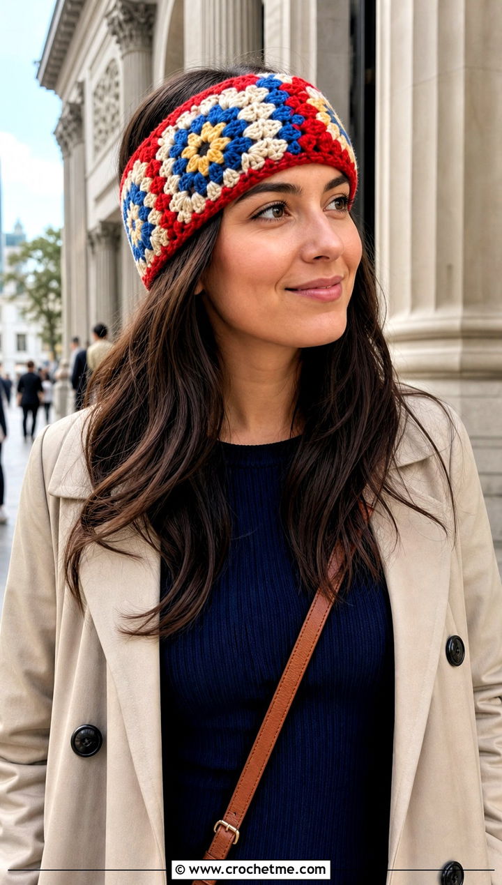 Granny Square Crochet Ear Warmer With Trench Coat - 20 Crochet Headband Ear Warmers outfit ideas