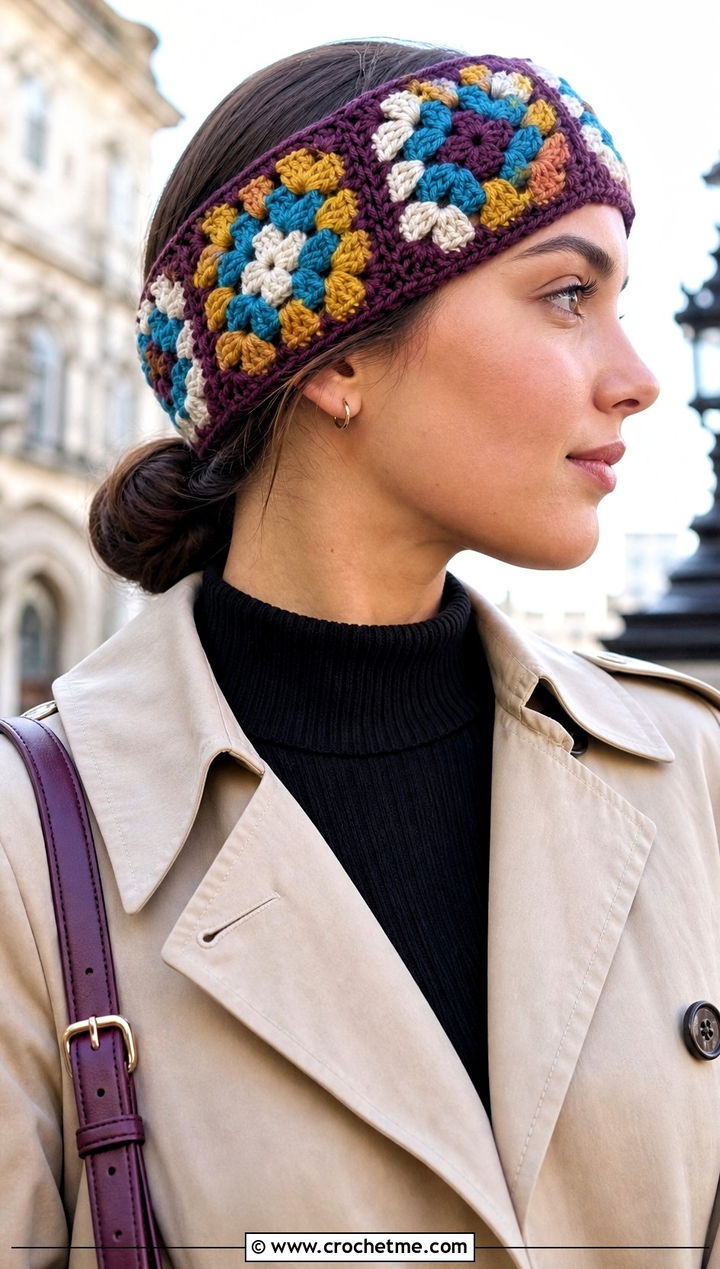 Granny Square Crochet Ear Warmer With Trench Coat - 15 Quick And Easy Crochet Ear Warmers outfit ideas