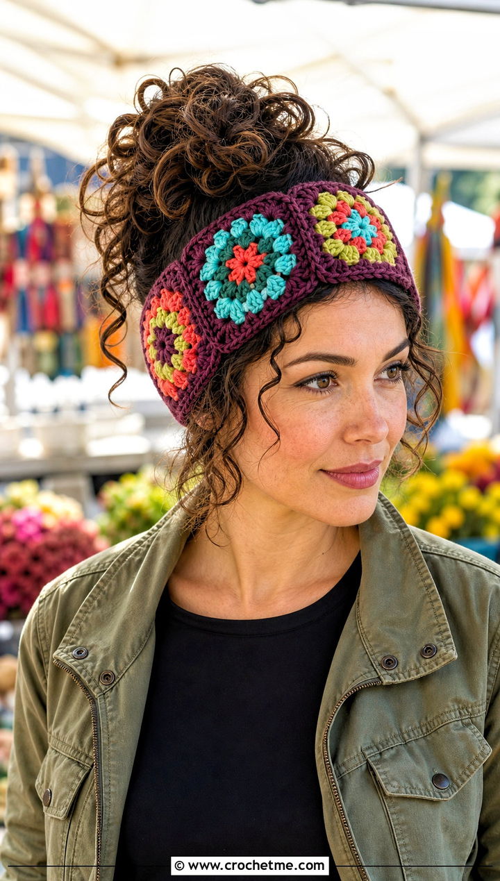 Granny Square Crochet Ear Warmer With Utility Jacket - 25 Diy Crochet Headband Ear Warmers outfit ideas