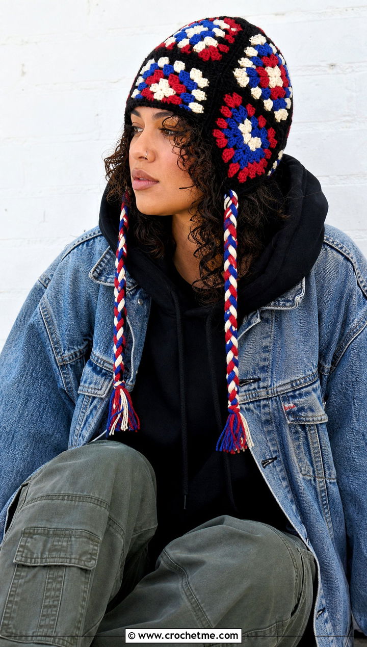 Granny Square Crochet Earflap Beanie With Denim Jacket - 30 crochet earflap beanie outfit ideas