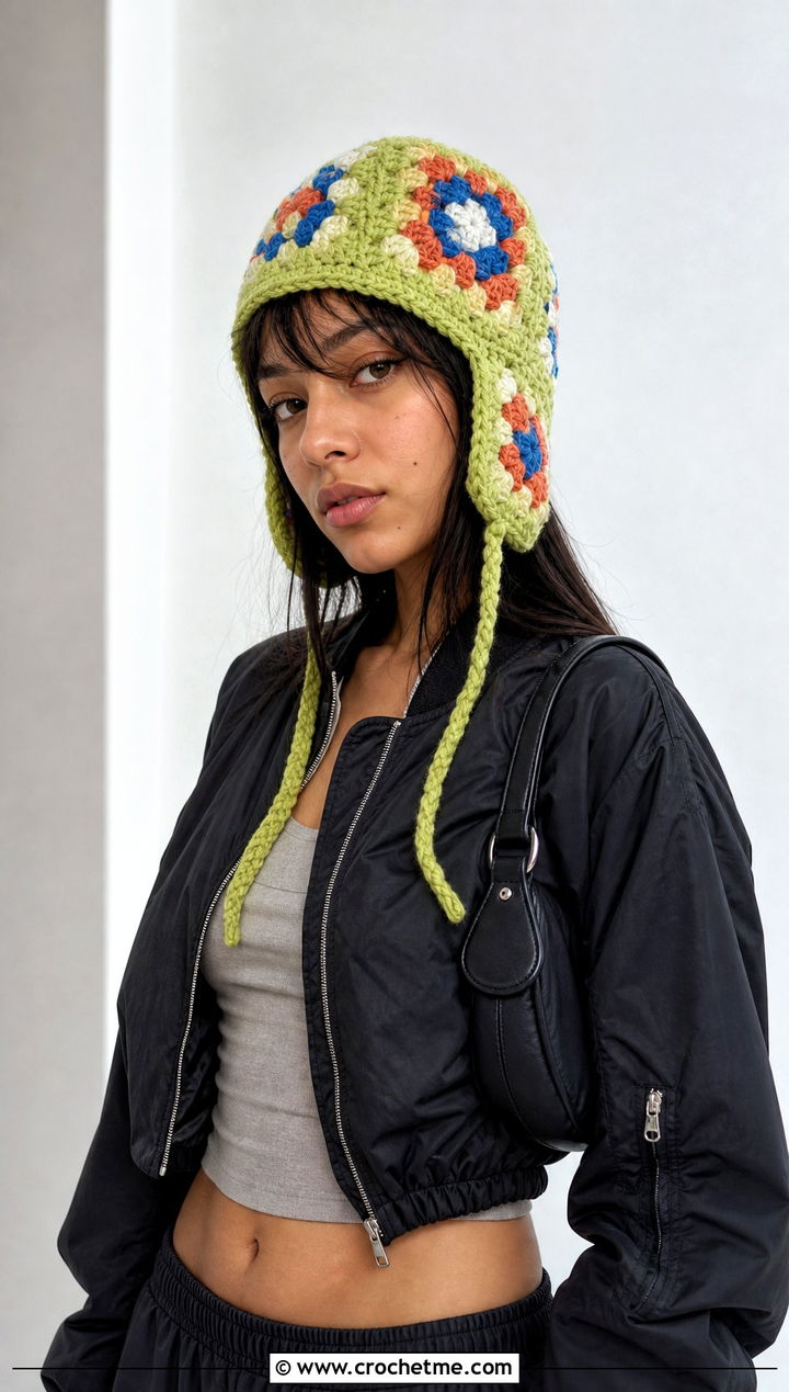 Granny Square Crochet Earflap Hat With Cargo Pants - 15 Crochet Hat With Earflaps outfit ideas