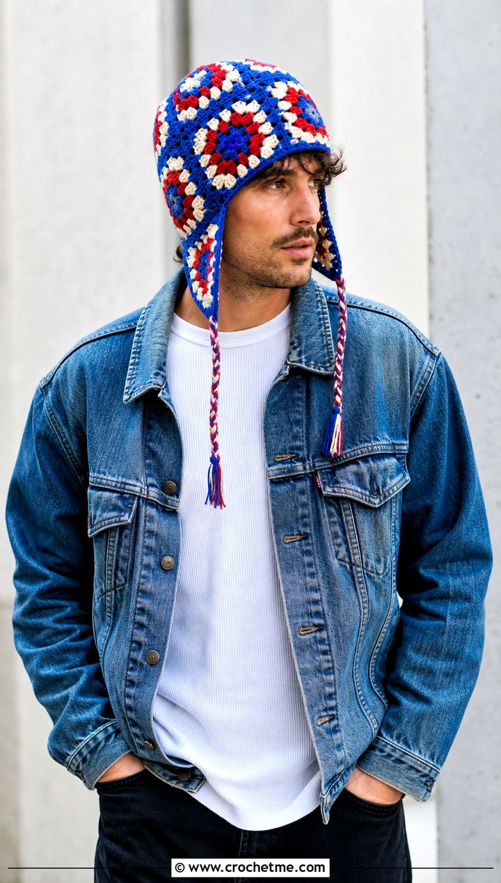 Granny Square Crochet Earflap Hat With Denim Jacket - 20 Mens Crochet Earflap Hat outfit ideas