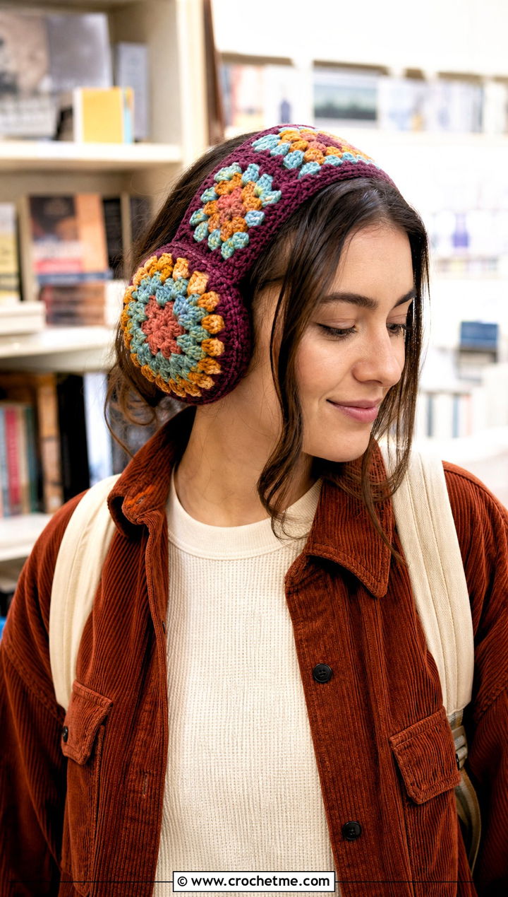 Granny Square Crochet Earmuffs Headband With Corduroy Outfit - 25 Crochet Earmuffs Headband outfit ideas