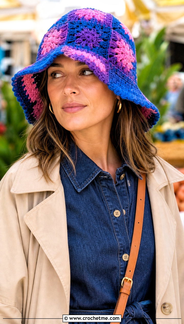 Granny Square Crochet Easter Bonnet With Denim Dress - 20 crochet easter bonnet outfit ideas