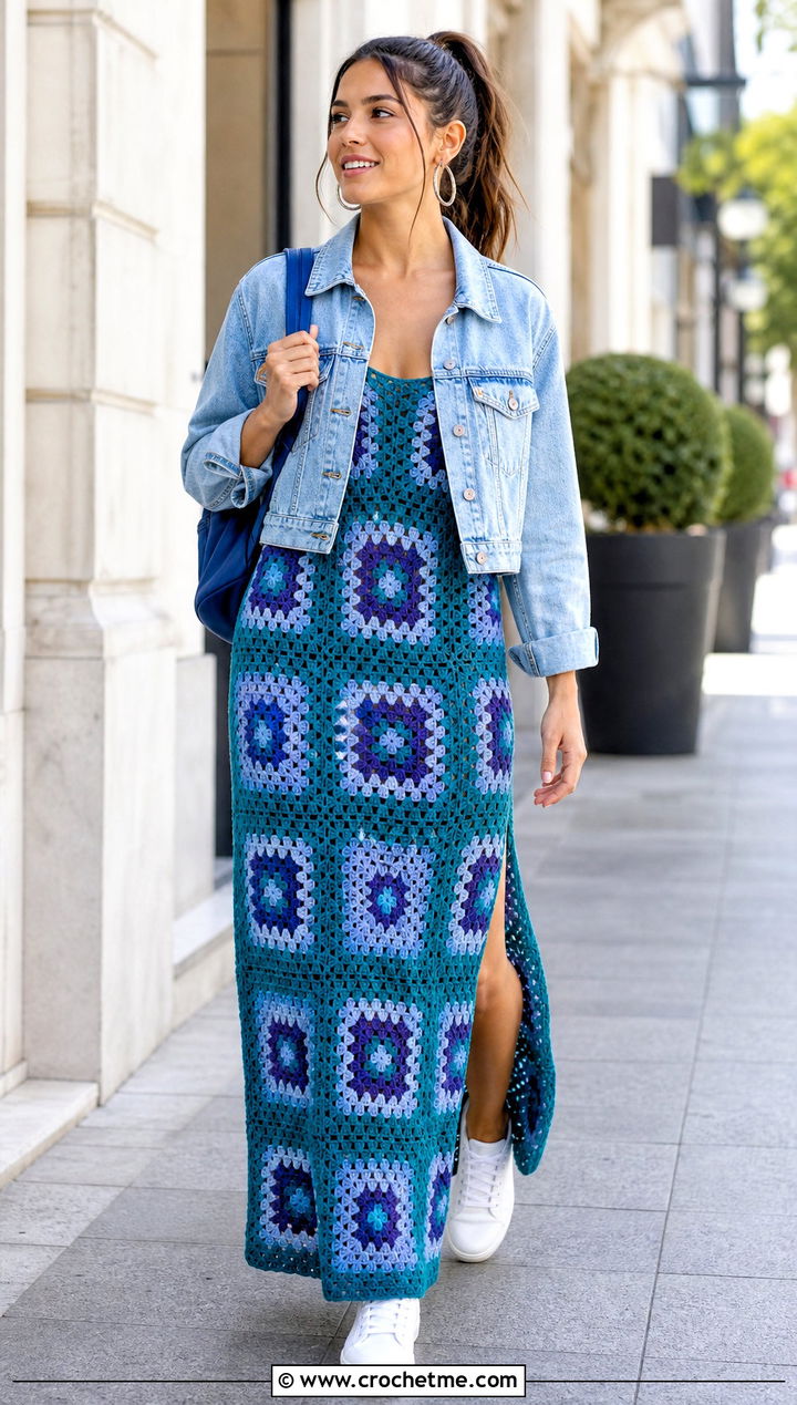 Granny Square Crochet Elsa Dress With Denim Jacket - 30 crochet elsa dress outfit ideas