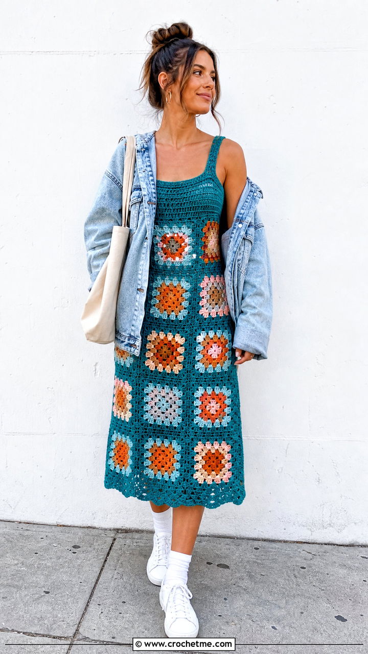 Granny Square Crochet Fairy Dress With Denim Jacket - 35 Crochet Fairy Dress outfit ideas