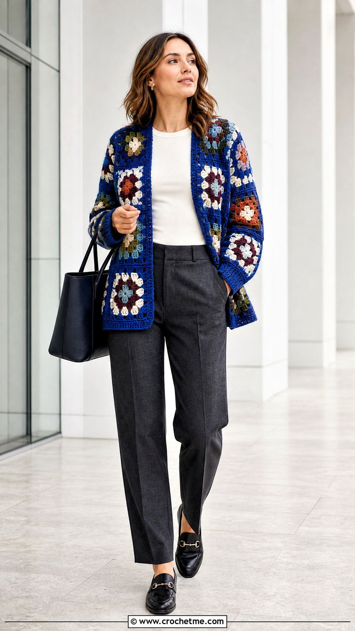 Granny Square Crochet Fall Cardigan With Tailored Trousers - 35 crochet fall cardigan outfit ideas