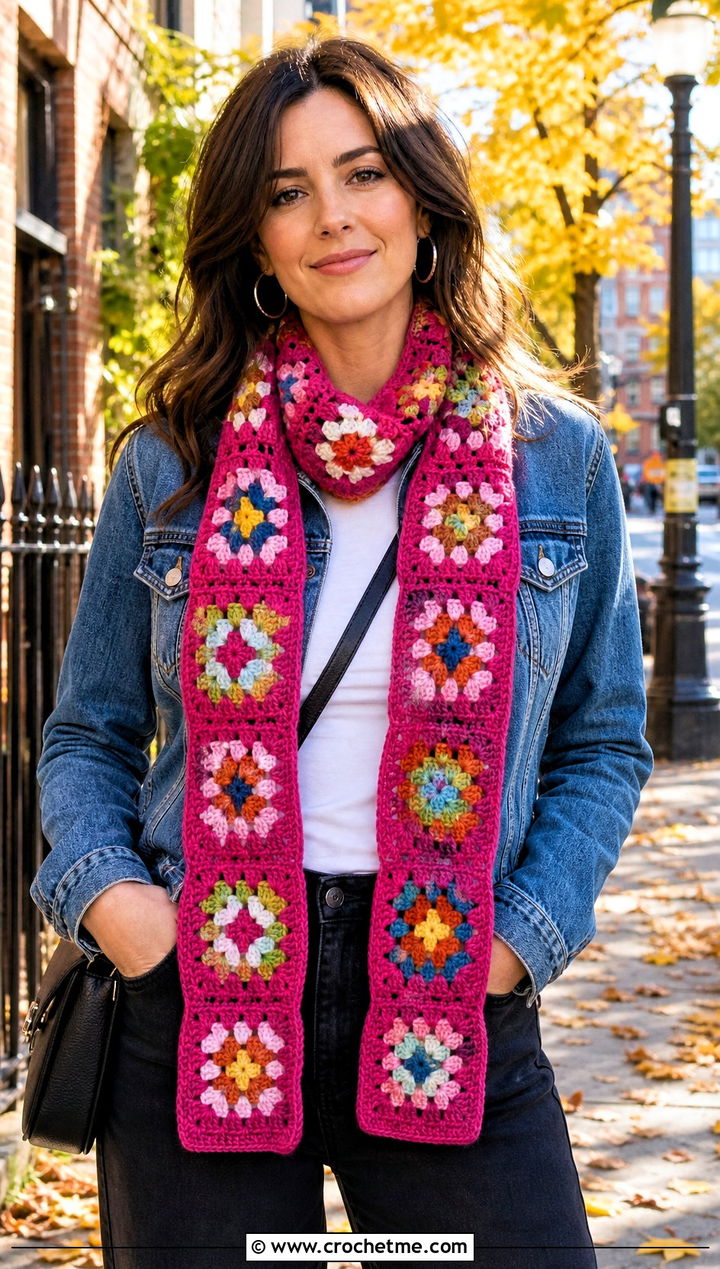 Granny Square Crochet Fall Scarf With Denim Jacket - 15 Crochet Fall Scarf outfit ideas