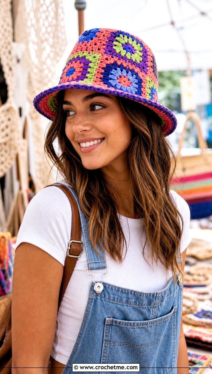 Granny Square Crochet Fedora Hat With Overalls - 25 crochet fedora hat outfit ideas