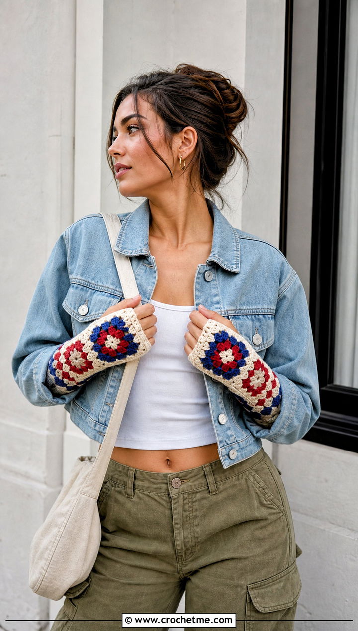 Granny Square Crochet Fingerless Arm Warmers With Denim Jacket And Cargo Pants - 15 Crochet Fingerless Arm Warmers outfit ideas