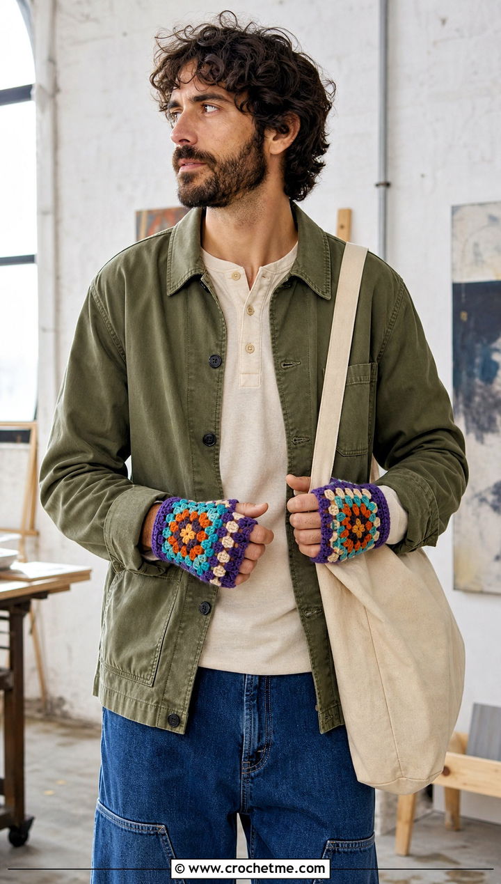 Granny Square Crochet Fingerless Gloves With Chore Coat - 25 Crochet Mens Gloves outfit ideas