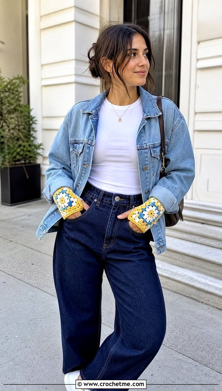 Granny Square Crochet Fingerless Gloves With Denim Jacket - 25 finger less crochet gloves outfit ideas