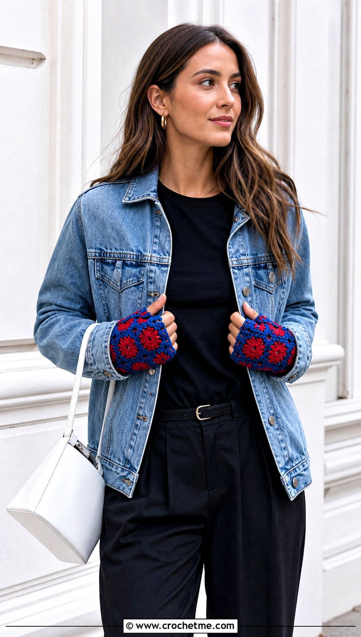 Granny Square Crochet Fingerless Gloves With Denim Jacket - 25 Simple Crochet Fingerless Gloves outfit ideas