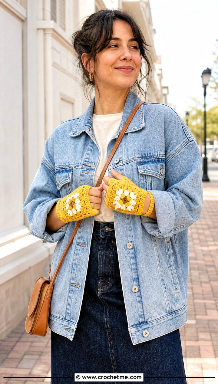 Granny Square Crochet Fingerless Gloves With Denim Jacket - 15 crochet finger gloves outfit ideas