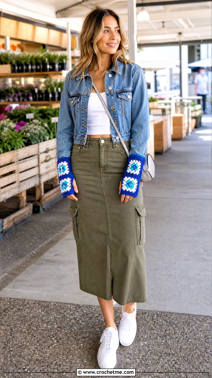 Granny Square Crochet Fingerless Gloves With Denim Jacket And Cargo Skirt - 35 crochet fingerless gloves outfit ideas