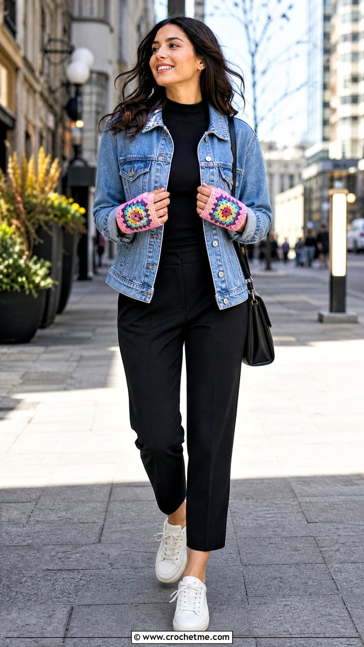 Granny Square Crochet Fingerless Gloves With Denim Jacket - 35 easy crochet fingerless gloves outfit ideas
