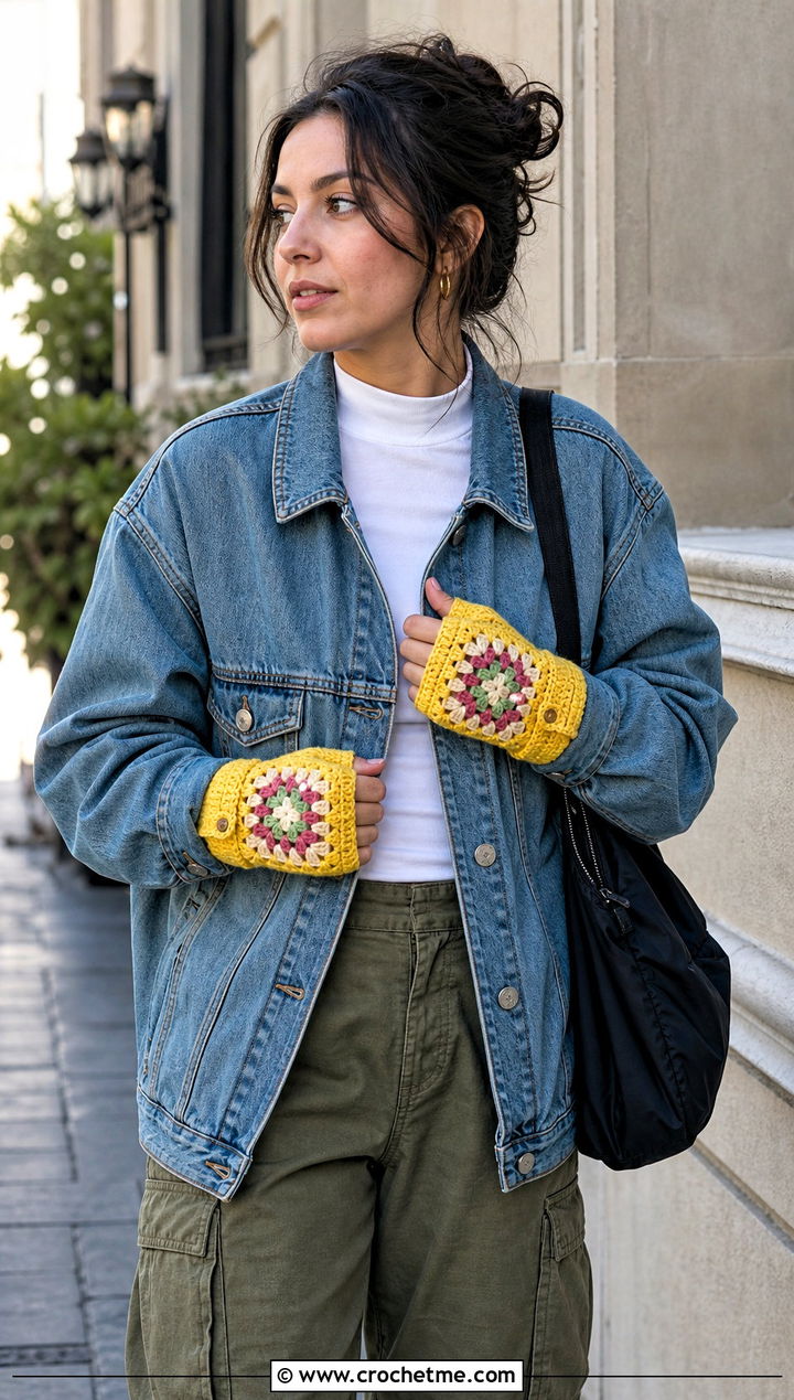 Granny Square Crochet Fingerless Gloves With Flap And Denim Jacket - 30 crochet fingerless gloves with flap outfit ideas