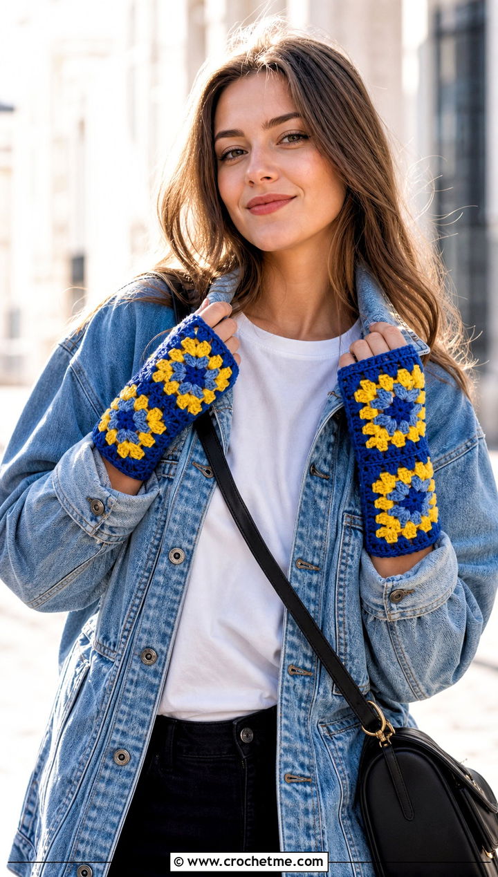 Granny Square Crochet Fingerless Mittens With Denim Jacket - 25 crochet fingerless mittens outfit ideas
