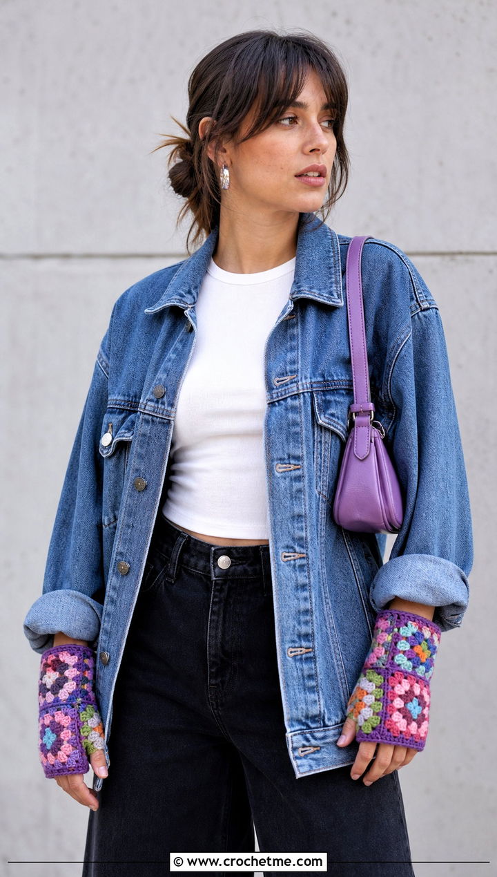 Granny Square Crochet Fingerless Mitts With Denim Jacket - 25 Crochet Fingerless Mitts outfit ideas