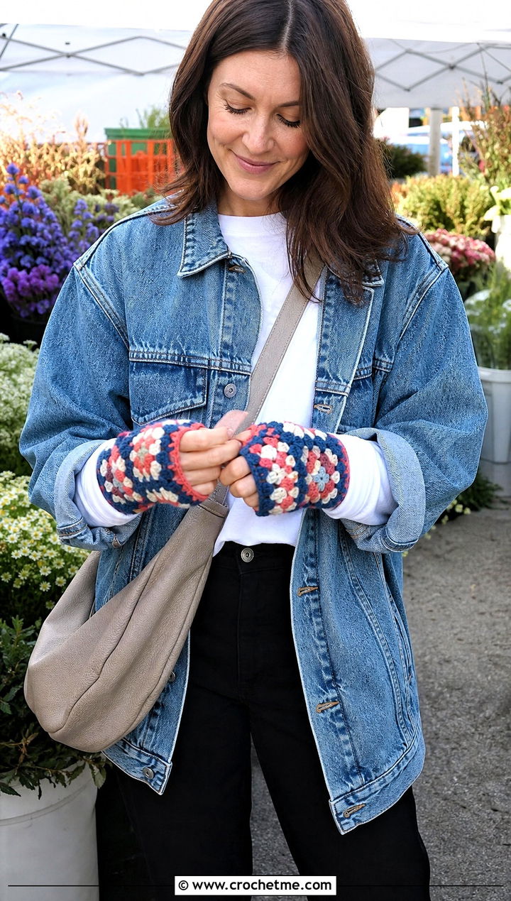 Granny Square Crochet Fingerless Mitts With Denim Jacket - 30 crochet half gloves fingerless mitts outfit ideas