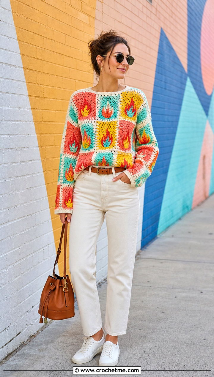 Granny Square Crochet Fire Sweater With Straight Leg Jeans - 25 Crochet Fire Sweater outfit ideas