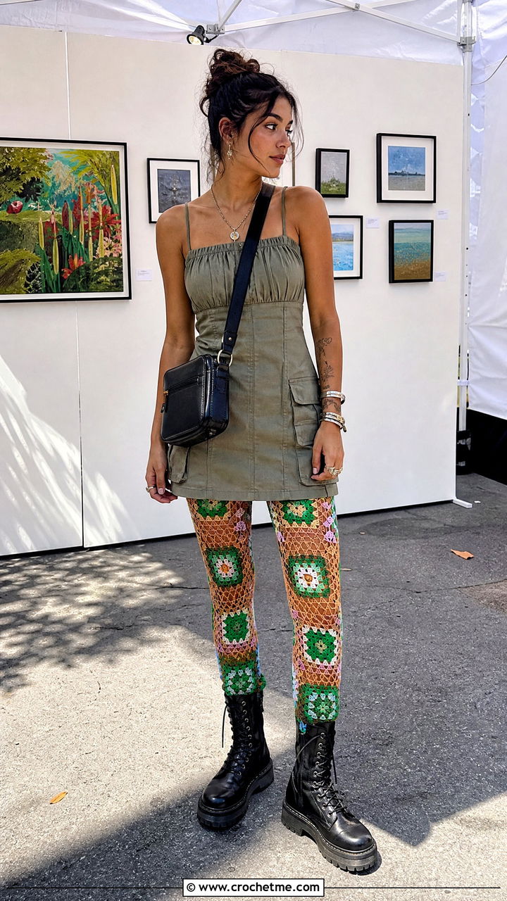 Granny Square Crochet Fishnet Stockings With Cargo Dress - 35 crochet fishnet stockings outfit ideas