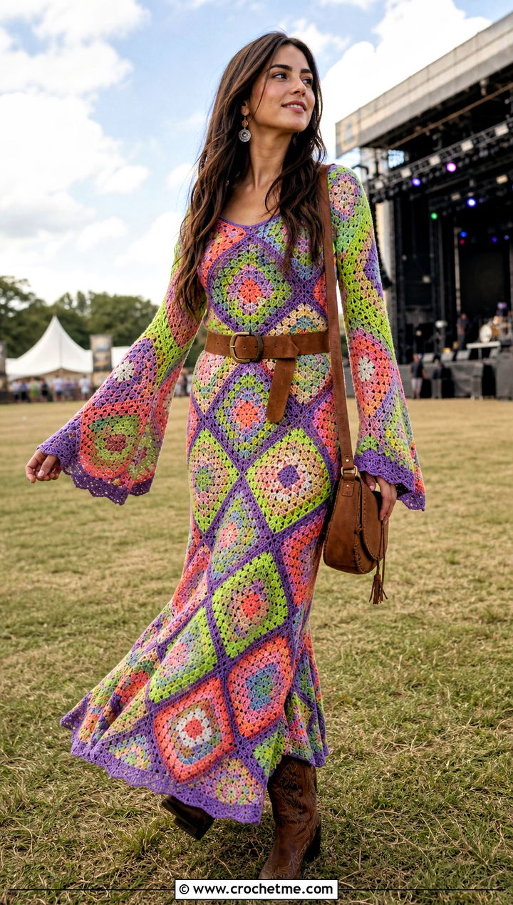 Granny Square Crochet Fishtail Flare Sleeve Maxi Dress With Western Boots - 20 Crochet Fishtail Flare Sleeve Maxi Dress outfit ideas